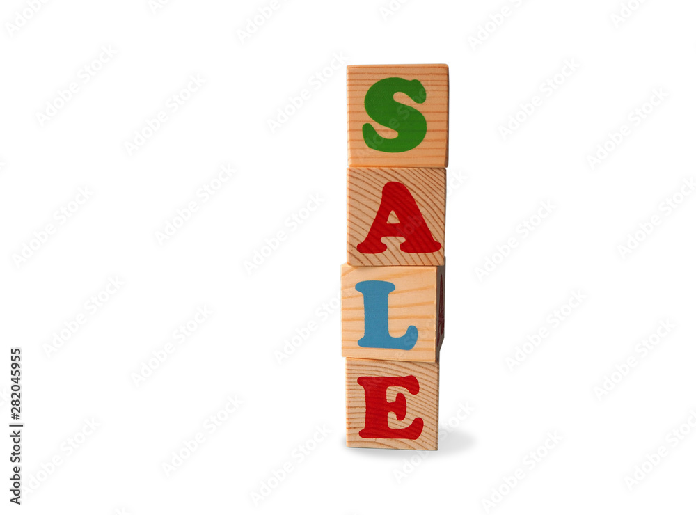 Wooden alphabet toy blocks with the text: sale. Isolated kids multi-colored ABC cubes on white background with copy space. Final sale, Black Friday and Shopping concept. Wooden alphabet toy blocks with the text: sale. Isolated kids multi-colored ABC cubes on white background with copy space. Final sale, Black Friday and Shopping concept.