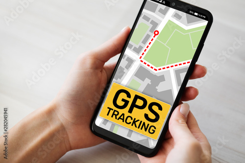 GPS tracking map on smartphone screen. Global positioning system, navigation concept.