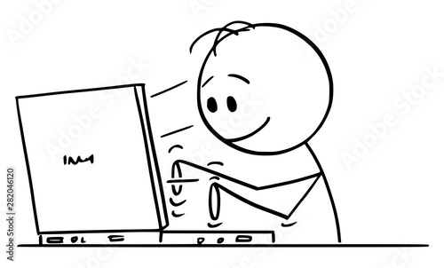 Vector cartoon stick figure drawing conceptual illustration of smiling writer, man or businessman typing or working on computer.