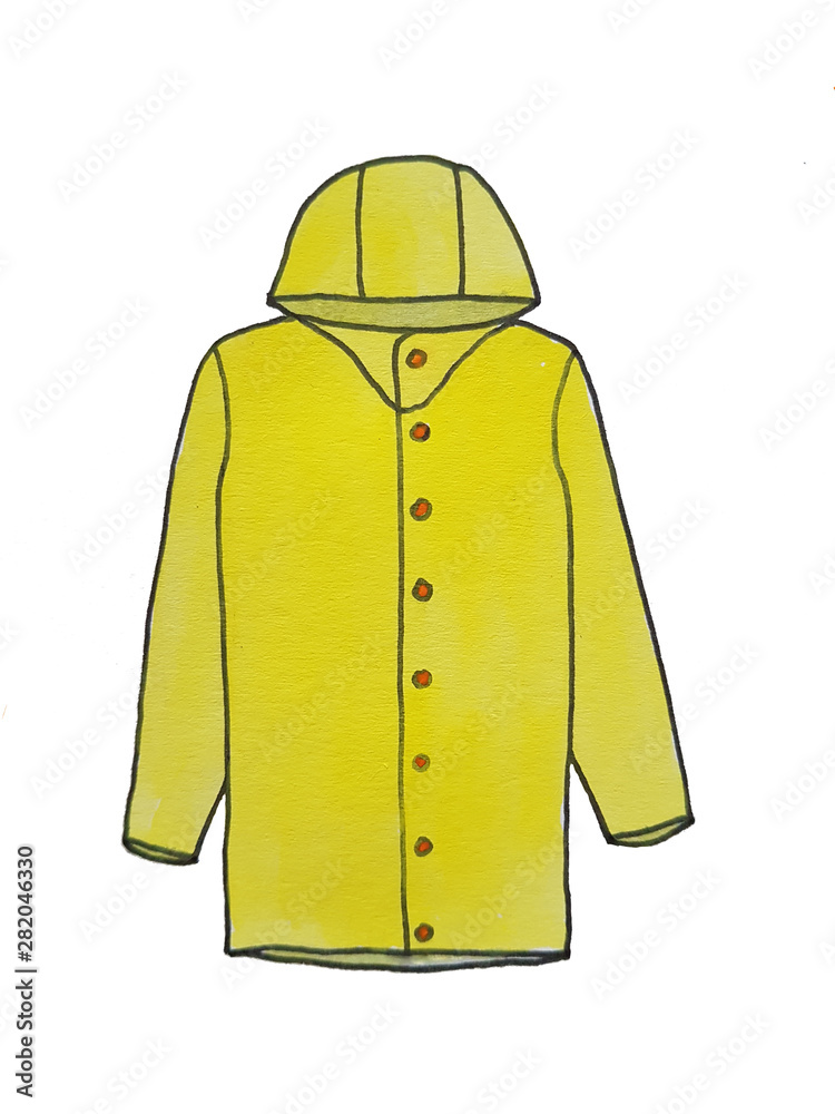 Watercolor yellow raincoat with hood. Colorful watercolor hand drawing