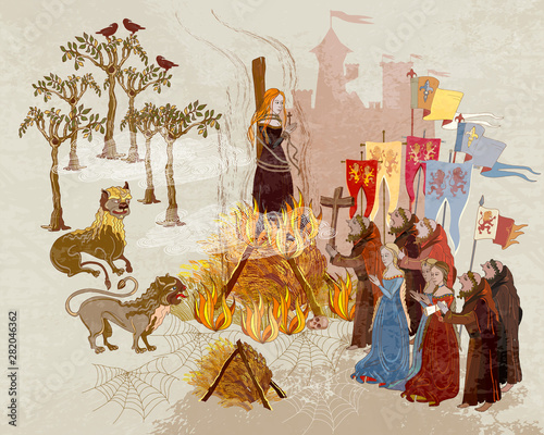 Medieval scene. Inquisition. Burning witches. Monks at a fire with the witch. Middle Ages parchment style. Joan of Arc (Jeanne d'Arc) history. Ancient book vector illustration photo