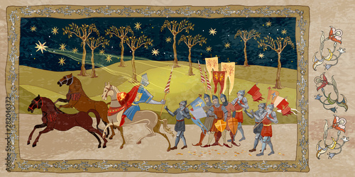 Crusaders warriors and soldiers go to war. Holy Grail. Middle Ages, parchment style. Medieval scene. Historical crusades. Ancient book vector illustration