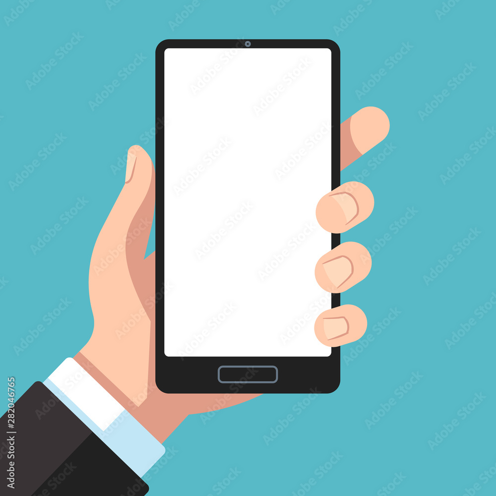 Smartphone in hand. Businessman hand holding mobile phone. Cell phone in arm template for app presentation flat vector illustration Smartphone in hand. Businessman hand holding mobile phone. Cell phone in arm template for app presentation flat vector illustration
