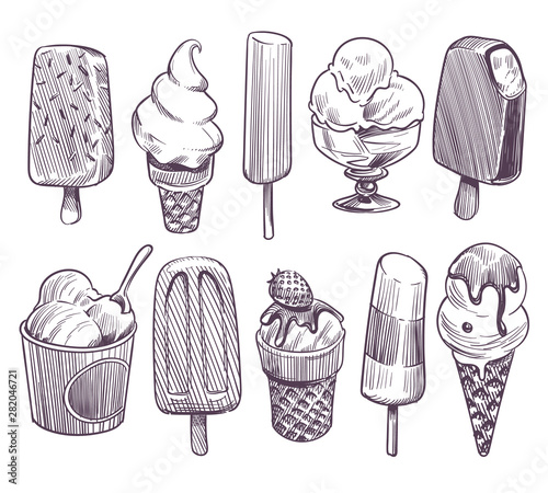 Sketch ice cream. Different bowls with ice cream, eskimo with chocolate glaze. Wafer cone sundae whipped fruit cream. Retro vector set