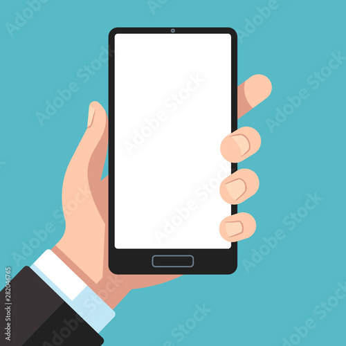 Smartphone in hand. Businessman hand holding mobile phone. Cell phone in arm template for app presentation flat vector illustration