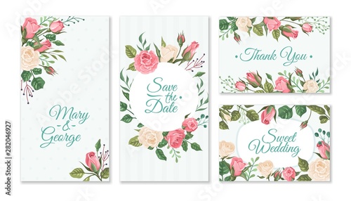 Wedding card with roses. Weddings floral invitation cards with red and pink roses and green leaves. Vector party flyers template