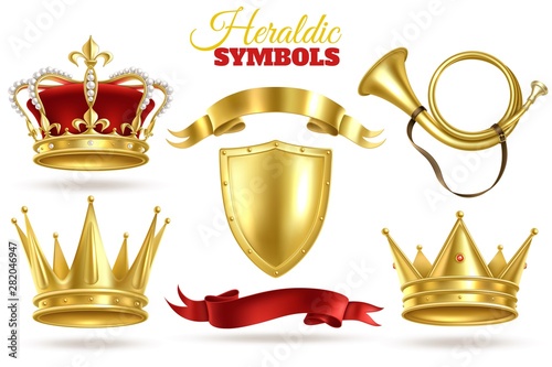 Realistic heraldic symbols. Golden crowns, king and queen gold diadem. Trumpet, shield and ribbons royal vintage vector decoration