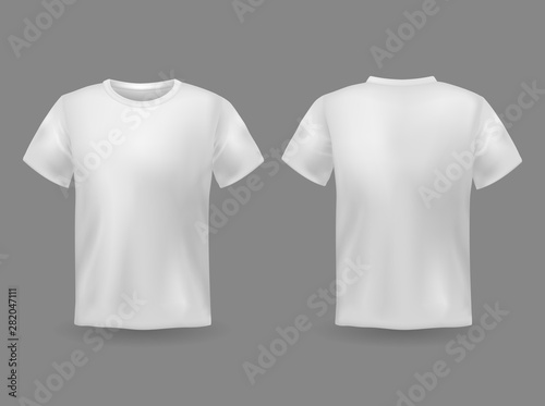 T-shirt mockup. White 3d blank t-shirt front and back views realistic sports clothing uniform. Female and male clothes vector template