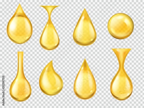 Realistic oil drops. Falling honey drop, gasoline yellow droplet. Gold capsule of liquid vitamin, dripping machine oil isolated vector