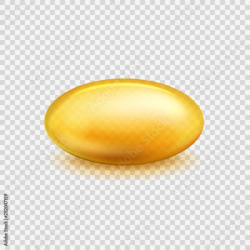 Oil capsule. Vitamin pill omega 3 fish oil, fatty organic acid medical diet nutrient. Cosmetic gold transparent capsule vector mockup