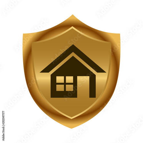 House and gold shield. Stock icon. Vector Illustration.