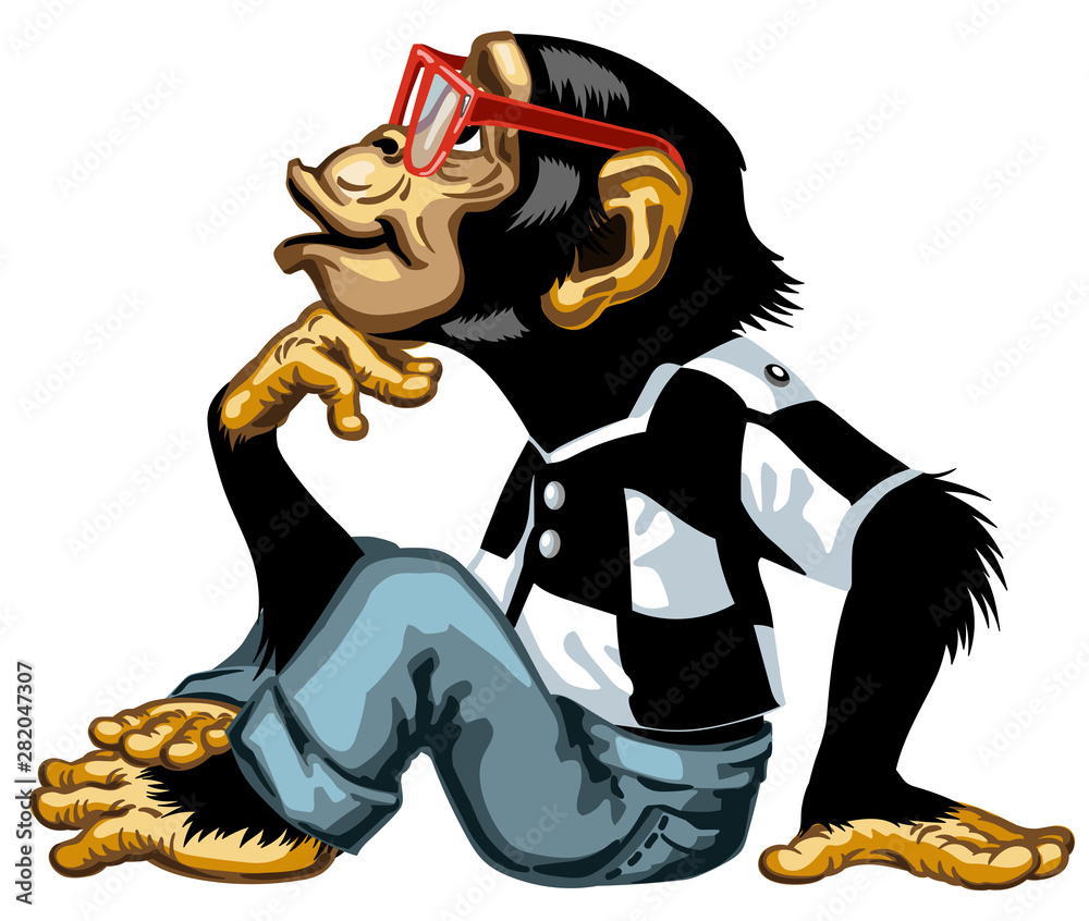 Cartoon intelligent Chimpanzee wearing a red glasses Smart great ape or chimp monkey sitting in thinker pose and looking up. His one hand on chin. Romantic emotion. Isolated side view vector Cartoon intelligent Chimpanzee wearing a red glasses Smart great ape or chimp monkey sitting in thinker pose and looking up. His one hand on chin. Romantic emotion. Isolated side view vector