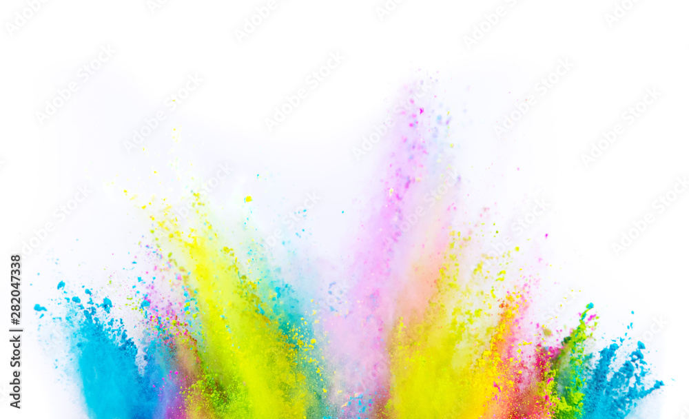 Colored powder explosion on white background.