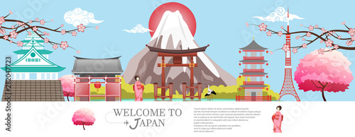Panorama travel postcard, tour advertising of of Japan. Vector illustration.