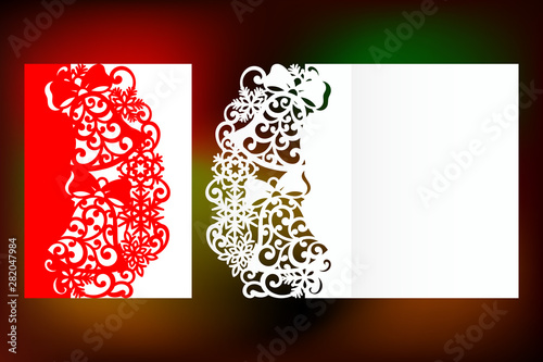 Laser cut Christmas card template with christmas bells, snowflakes, swirls, spruce branch. Invitation for Christmas party. Image suitable for laser cutting, plotter cutting or printing.