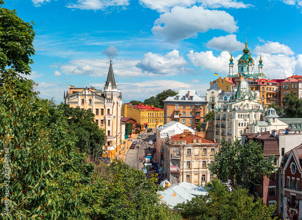 Andrew descent, Andriyivski uzviz with ancient buildings and famous St. Andrew or Andriivska Church, historical district of Kyiv city in Ukraine