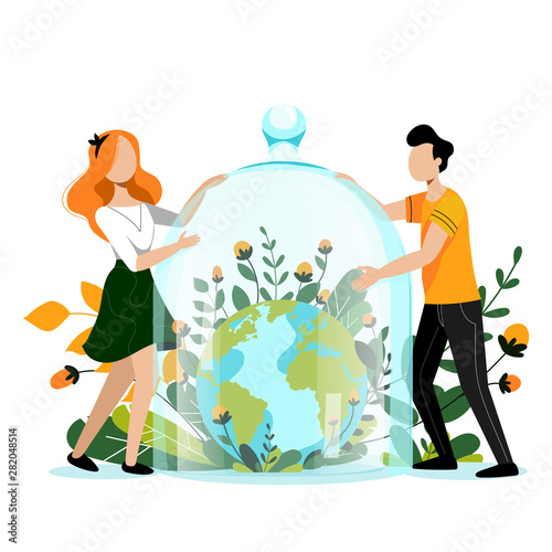 Save Earth planet concept. People holding protection glass dome above Earth. Environment, ecology vector illustration
