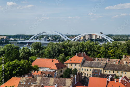 Petrovaradin, Serbia - July 17. 2019: Petrovaradin fortress; Renovated roofs of the old town below the Petrovaradin fortress