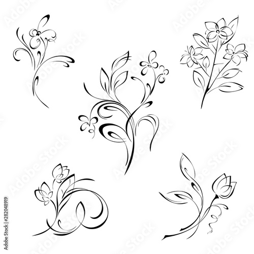 stylized decorative flower on a stalk with leaves and curls in black lines on a white background. SET