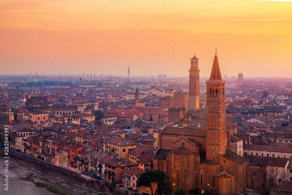 Beautiful aerial view panorama Verona sunset from Castel San Pietro, Veneto region, Italy