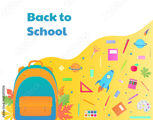 Back to school, backpack with study supplies, stationery. Spaceship, comet, planet.