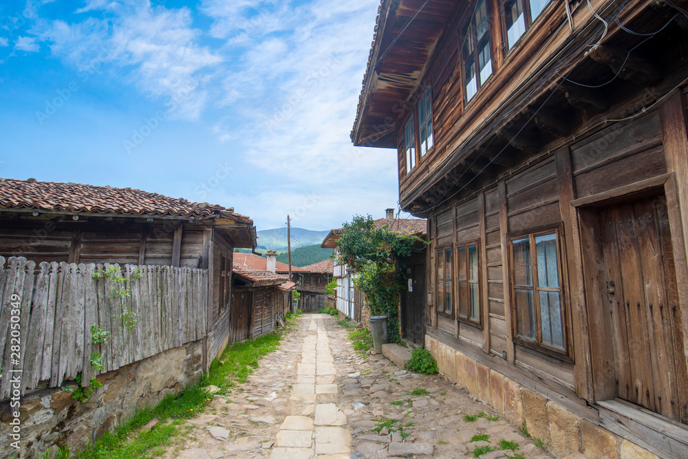 Revival traditional bulgarian houses of the nineteenth century in historical old town of Kotel, Sliven Region, Bulgaria. Heritage monument of culture in spring time Revival traditional bulgarian houses of the nineteenth century in historical old town of Kotel, Sliven Region, Bulgaria. Heritage monument of culture in spring time
