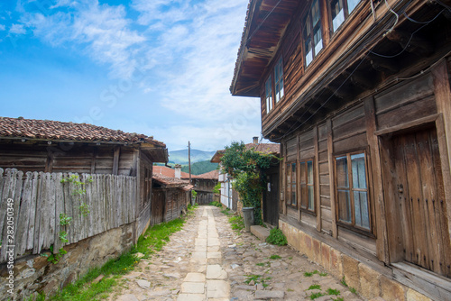 Revival traditional bulgarian houses of the nineteenth century in historical old town of Kotel, Sliven Region, Bulgaria. Heritage monument of culture in spring time