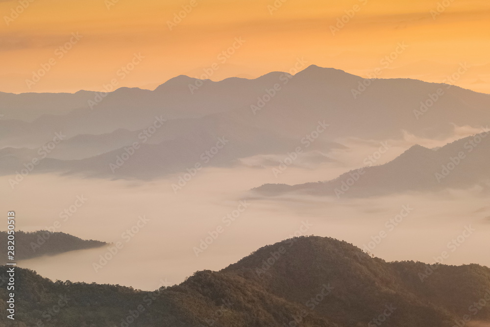 Mountain view misty morning of top hills around with sea of mist in valley and yellow sun light in the sky background, sunrise at Pha Tang, Chiang Rai, northern of Thailand.