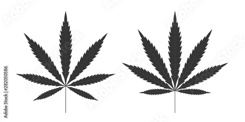 Cannabis leaf icons set. Black silhouette indica sativa isolated white background. Herbal medicine herb plant. Natural weed hemp. Addiction smoke drug Illegal narcotic marijuana. Vector illustration
