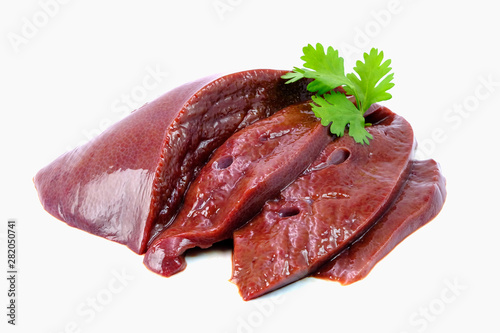 fresh raw liver with coriander leaf on top