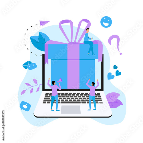 Online gift box. Promotion of online store or shop loyalty program and bonus. Vector illustration for advertisement.