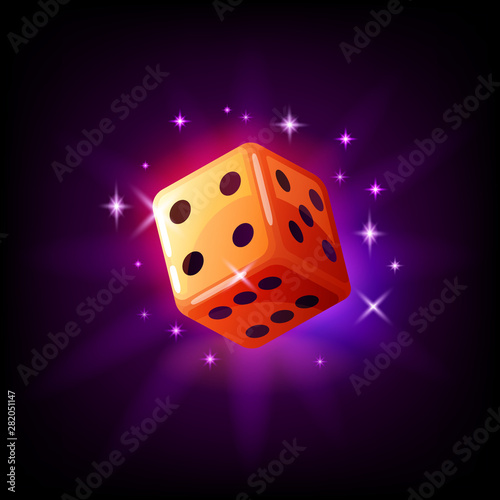 Orange game dice in flight with sparkles slot icon for online casino or mobile game, vector illustration on dark purple background.