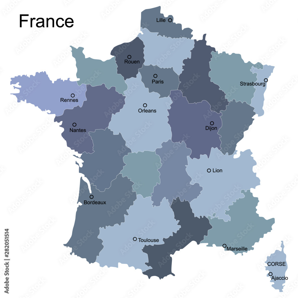 Map of France with administrative division and cities