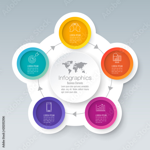 Infographics design paper art style and business icons with 5 options. Use in corporate report, marketing, annual report. Network management data screen with charts, diagrams.