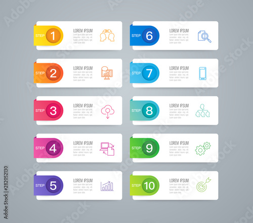 Infographics design paper art style and business icons with 10 options. Use in corporate report, marketing, annual report. Network management data screen with charts, diagrams.