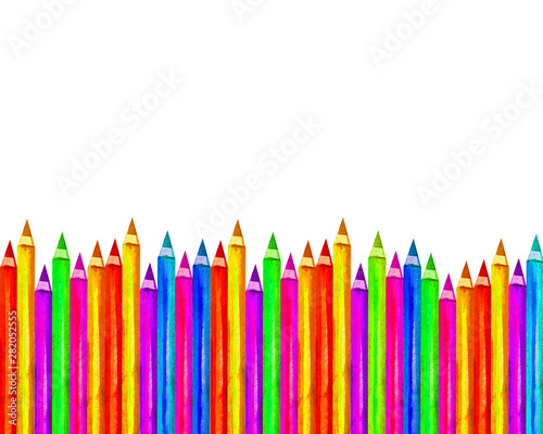 Banner colorful wooden pencils in watercolor isolated on white background, blank frame back to school, art and creativity concept. Ready for school paper cut writing style 
