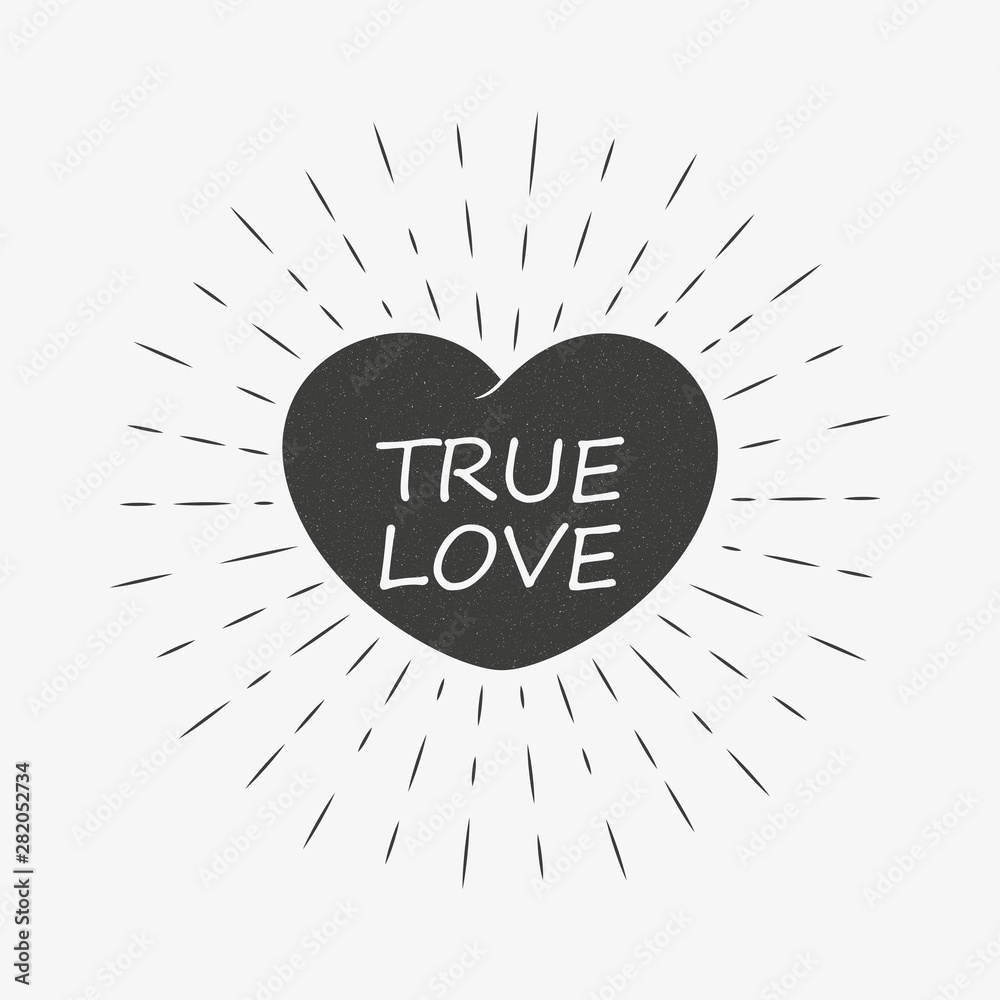 Heart with rays and text with a grazh texture. Black and white illustration on the theme of love and romance Heart with rays and text with a grazh texture. Black and white illustration on the theme of love and romance