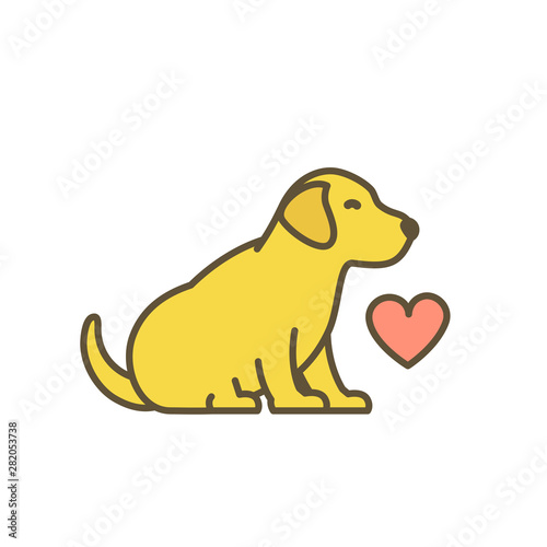 Cute dog puppy with red heart. Loved animal pets. Young Labrador retriever. I love dogs. Yellow pup with contour line. Vector illustration.