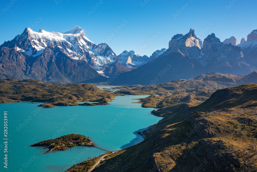 Amazing mountain landscape with Los Cuernos rocks and Lake Pehoe in Torres del Paine national park, Patagonia, Chile