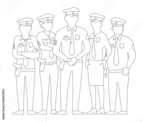 Police team. A group of policemen. Women and men in uniform. Law enforcement officers. Outline contour line vector illustration.