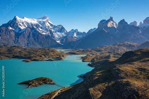 Amazing mountain landscape with Los Cuernos rocks and Lake Pehoe in Torres del Paine national park, Patagonia, Chile photo