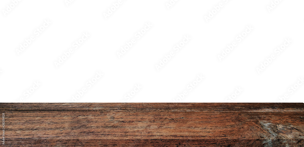 Naklejka premium Empty wood table on isolate white background and display montage with copy space for product.