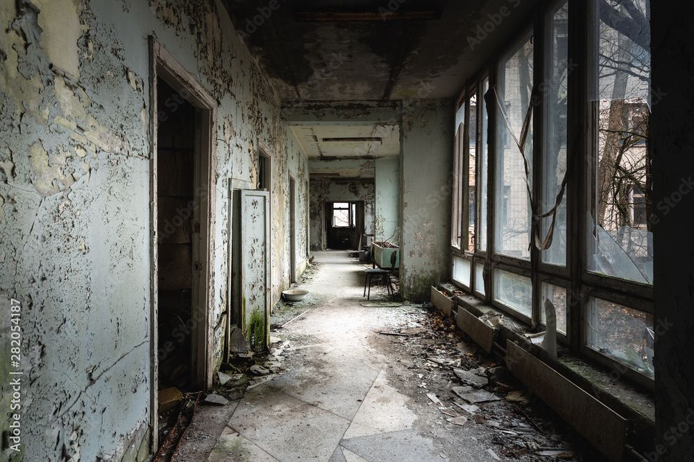 Abandoned corridor in Pripyat Hospital, Chernobyl Exclusion Zone 2019 Abandoned corridor in Pripyat Hospital, Chernobyl Exclusion Zone 2019