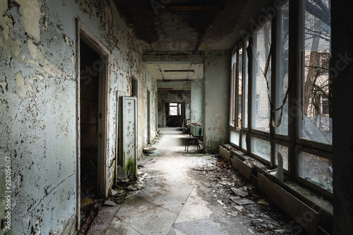 Abandoned corridor in Pripyat Hospital  Chernobyl Exclusion Zone 2019