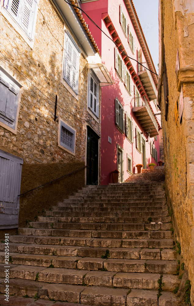 Staircase with colorful houses in old town of Nafplio