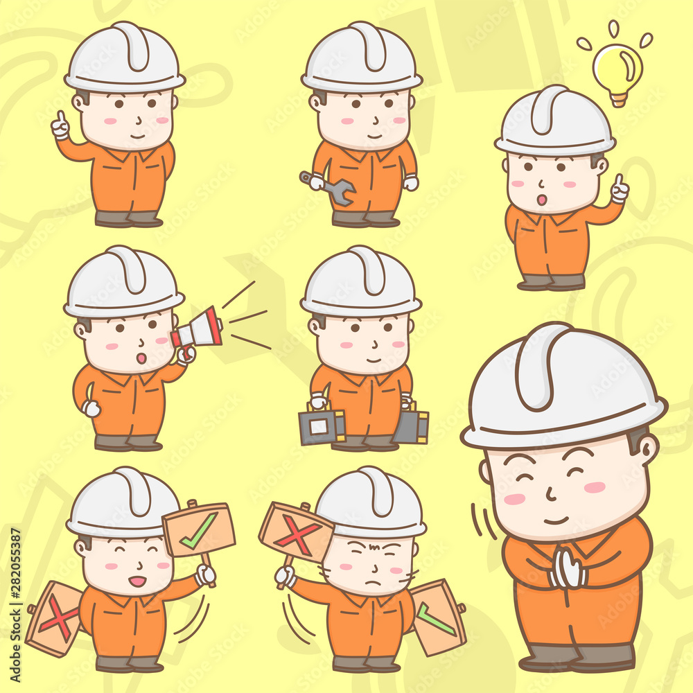 Design elements vector cartoon character of industrial workers in safety coverall suit with cute various actions. Kawaii industrial worker cartoon with Wai of Thai greetings. Design elements vector cartoon character of industrial workers in safety coverall suit with cute various actions. Kawaii industrial worker cartoon with Wai of Thai greetings.