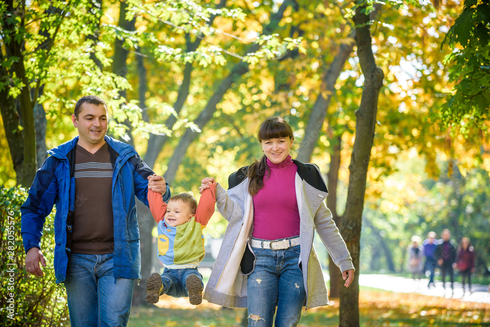 Beautiful young family on a walk in autumn forest on maple yellow trees background. Father and mother hold son on hands. Happy family leisure together concept Beautiful young family on a walk in autumn forest on maple yellow trees background. Father and mother hold son on hands. Happy family leisure together concept