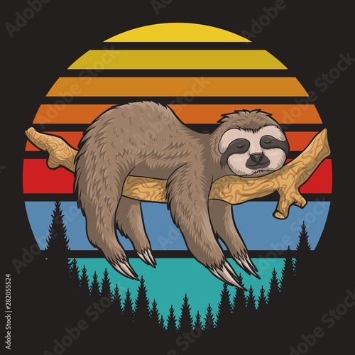 lazzy Sloth Retro sunset vector illustration