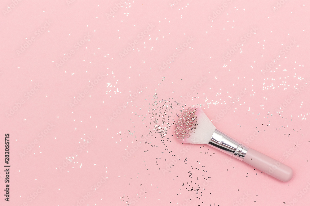 Makeup brush and shiny sparkles on pastel pink background. Festive magic  makeup concept. Template for design, Top view Flat Lay Copy space Stock  Photo | Adobe Stock
