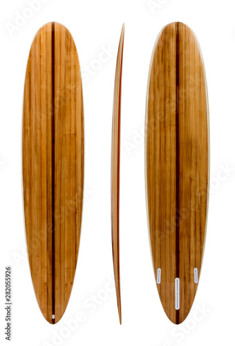 Retro wood longboard surfboard isolated on white with clipping path for object, vintage styles. © jakkapan